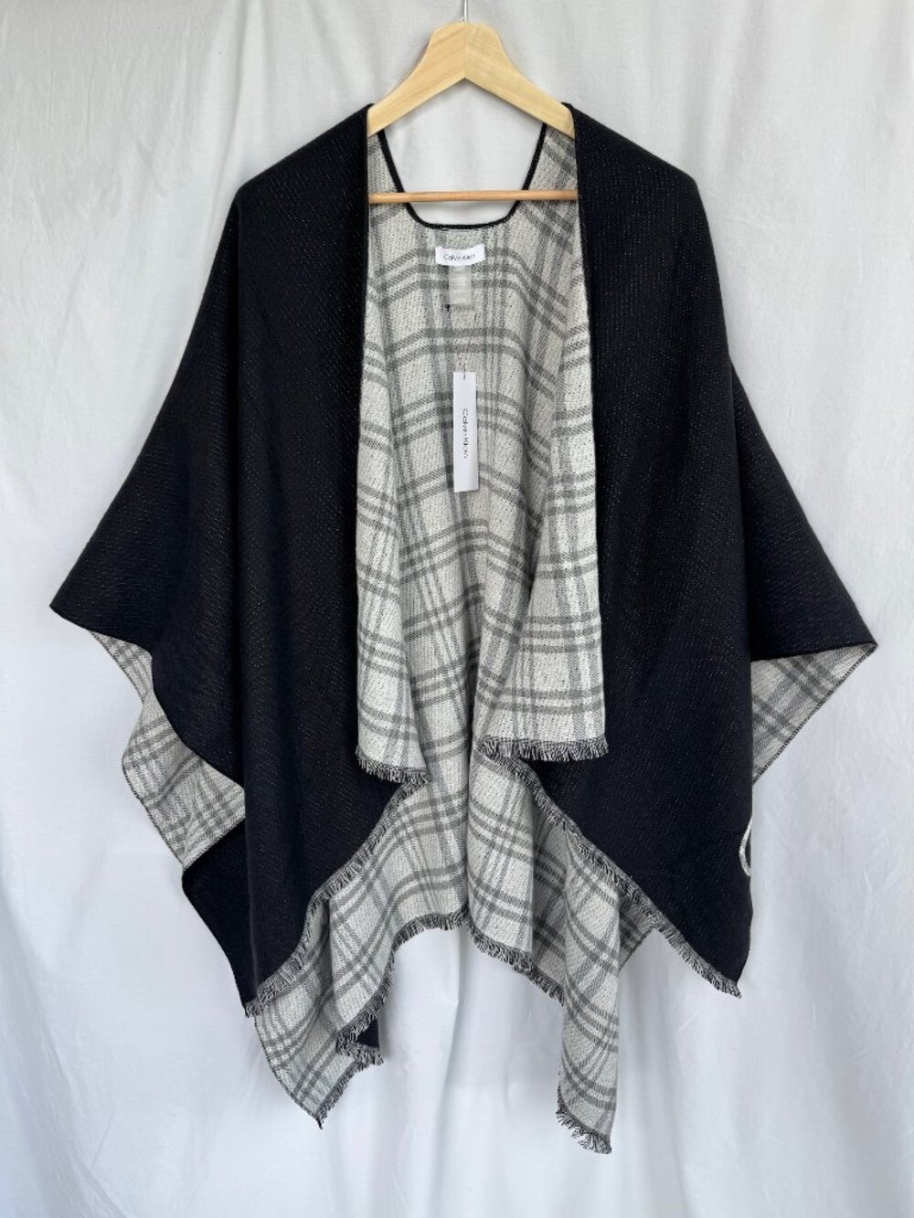 Calvin Klein Reversible Plaid Ruana Poncho Wrap Black Gray NWT One Size